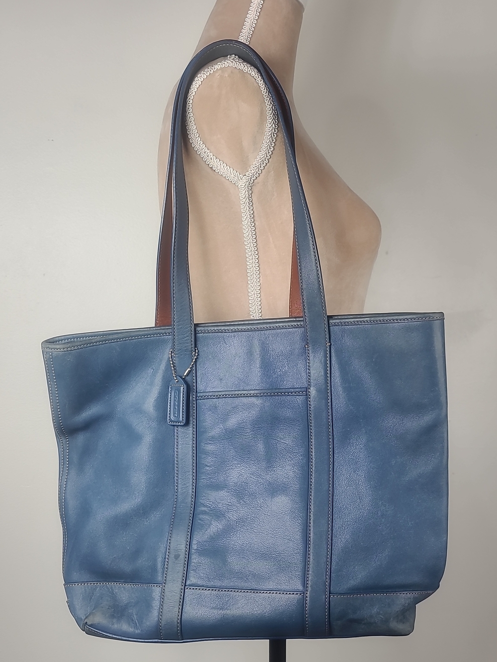 Vintage Coach Hampton Tote Blue Leather Tote Bag Two-Tone Brown Handles H35-5188